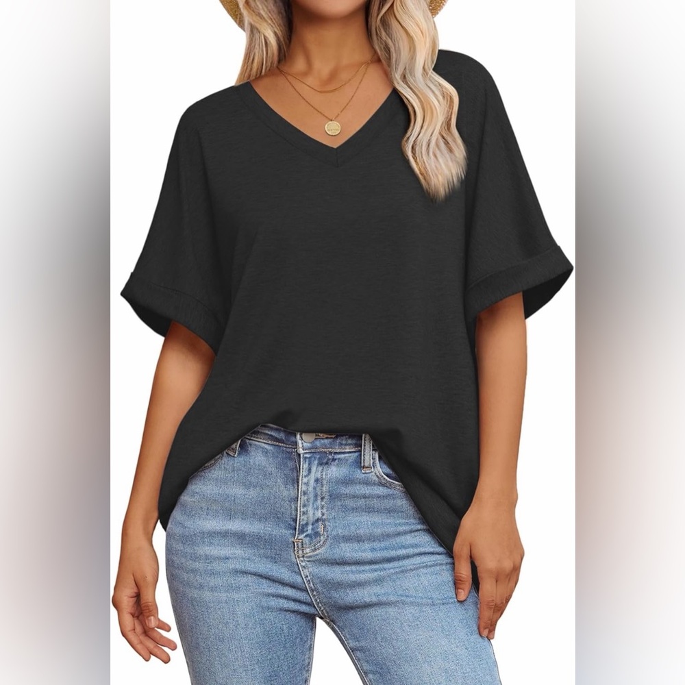 Black oversized, feminine, V-Neck T-Shirt